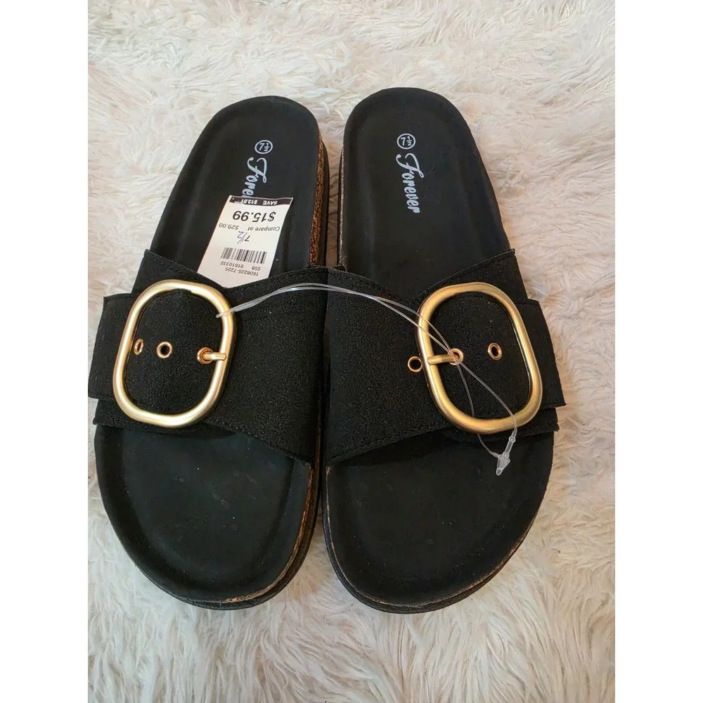 NWT Forever Comfort Black Big Buckle Cork Footbed Slide Sandals Size 7.5